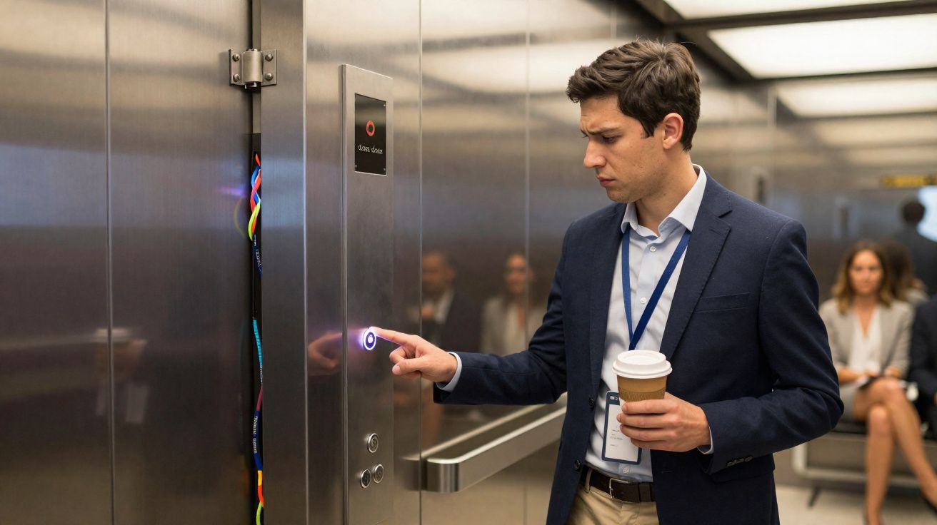 Homem de fato a pressionar botão de elevador com café na mão numa cena de escritório.