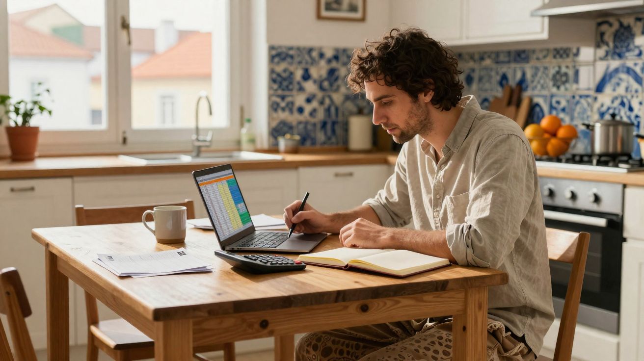 Homem a trabalhar com laptop, caderno e calculadora numa cozinha com azulejos tradicionais.