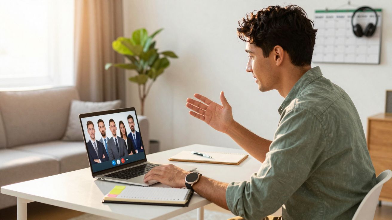 Homem a participar numa reunião virtual num computador portátil numa sala com mesa, caderno e planta.