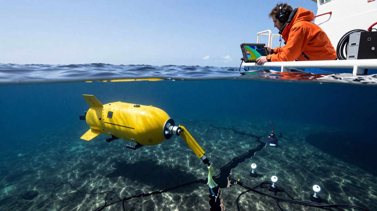Veículo submarino amarelo a explorar fenda no fundo do mar enquanto homem em barco monitora dados.