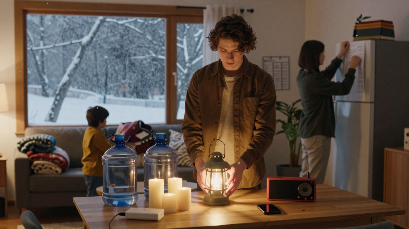 Pessoa jovem a acender lâmpada de lanternas num ambiente interior durante uma tempestade de neve fora.