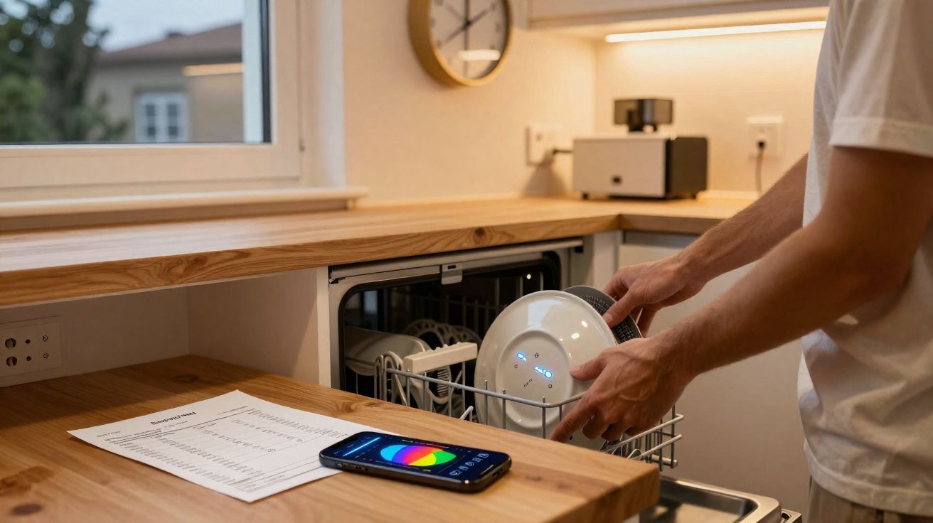 Pessoa a colocar dispositivo num lava-louças numa cozinha moderna com smartphone e papel na bancada de madeira.