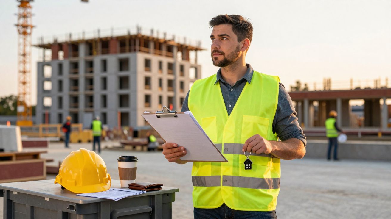 Homem com colete refletor a segurar prancheta e chave de casa numa obra de construção civil.