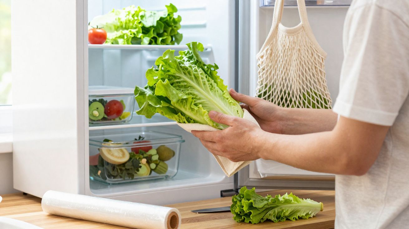 Pessoa a guardar folhas de alface numa bolsa reutilizável, junto a um frigorífico aberto com legumes frescos.