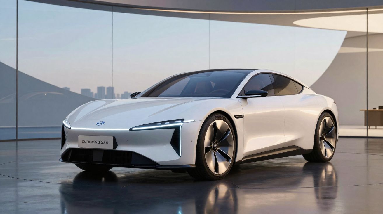 Carro elétrico branco futurista Europa 2035 com design aerodinâmico e faróis LED em ambiente moderno interior.