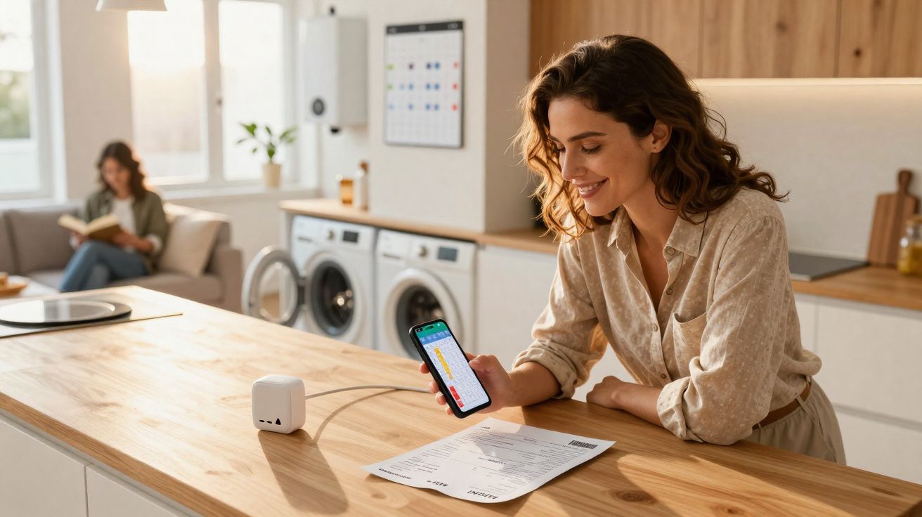 Mulher sorridente usa telemóvel para consultar fatura numa cozinha moderna com outra pessoa ao fundo.