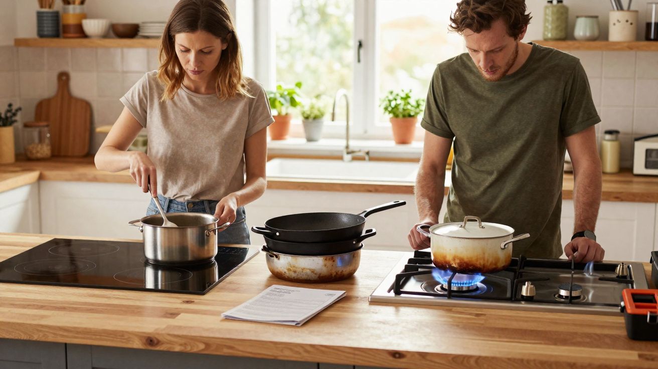 Casal a cozinhar juntos numa cozinha moderna, cada um a mexer panelas no fogão.