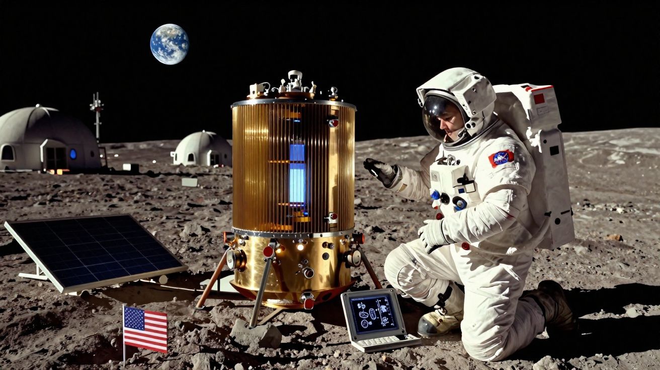 Astronauta da NASA numa base lunar com equipamentos científicos e a Terra visível ao fundo.