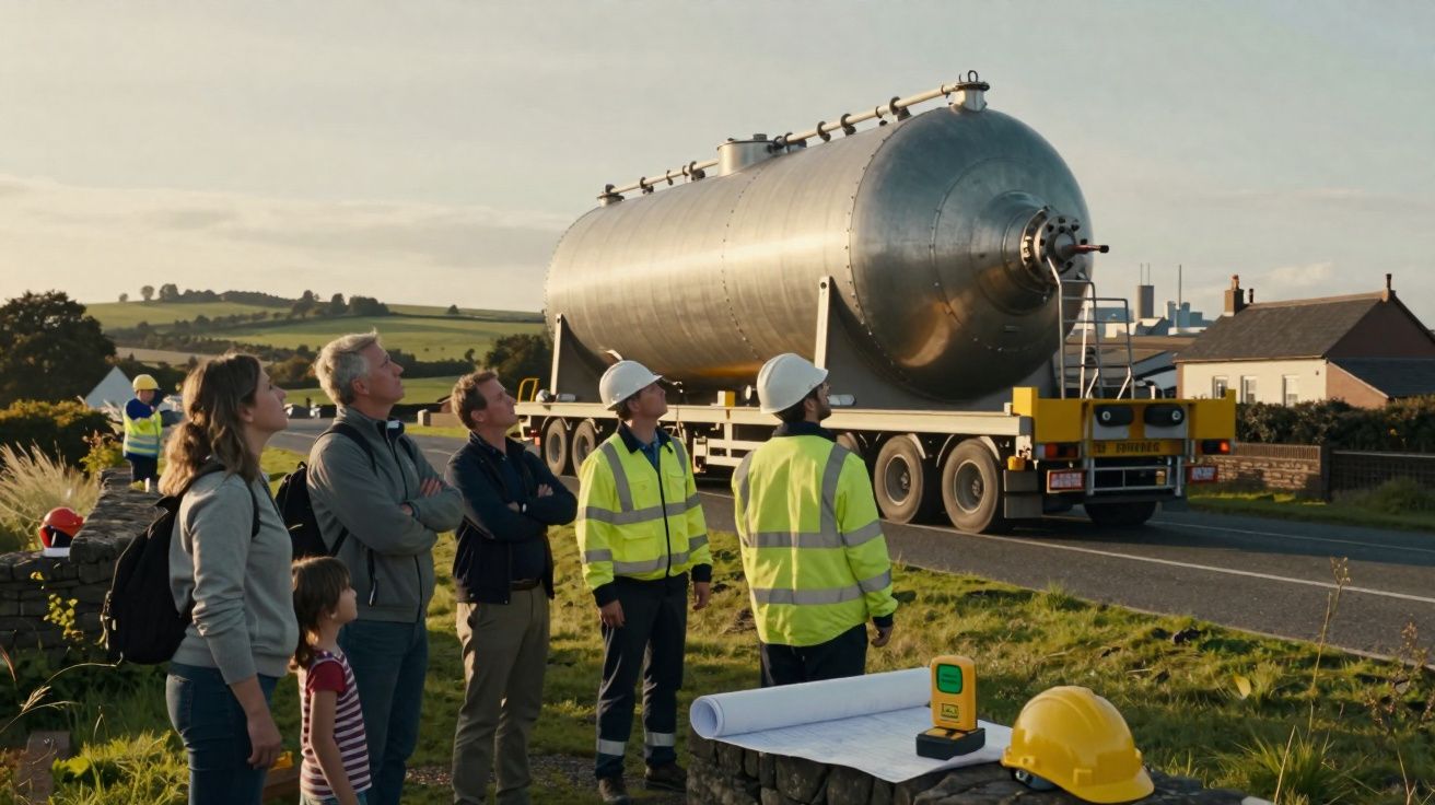 Pessoas com capacetes e coletes refletores observam transporte de grande tanque metálico numa estrada rural.