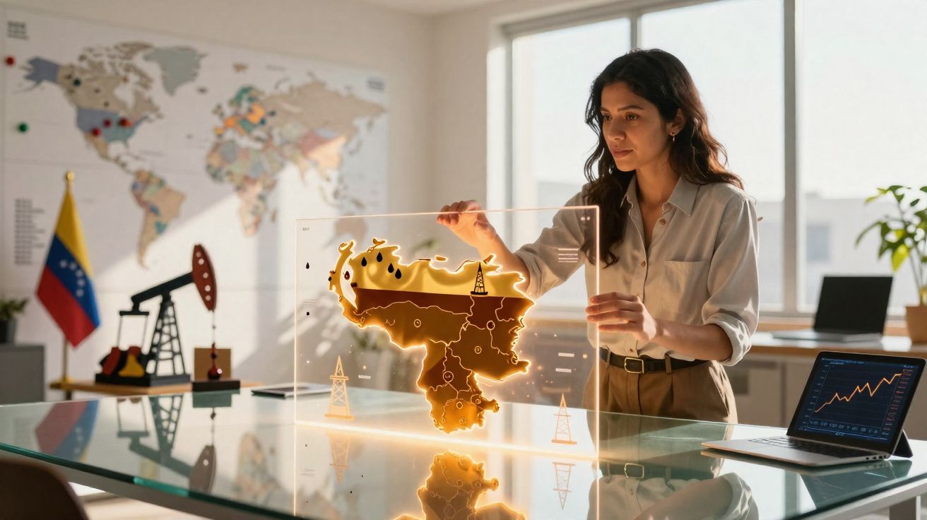 Mulher analisa mapa digital interativo da Venezuela com gráficos e torre de petróleo num escritório moderno.