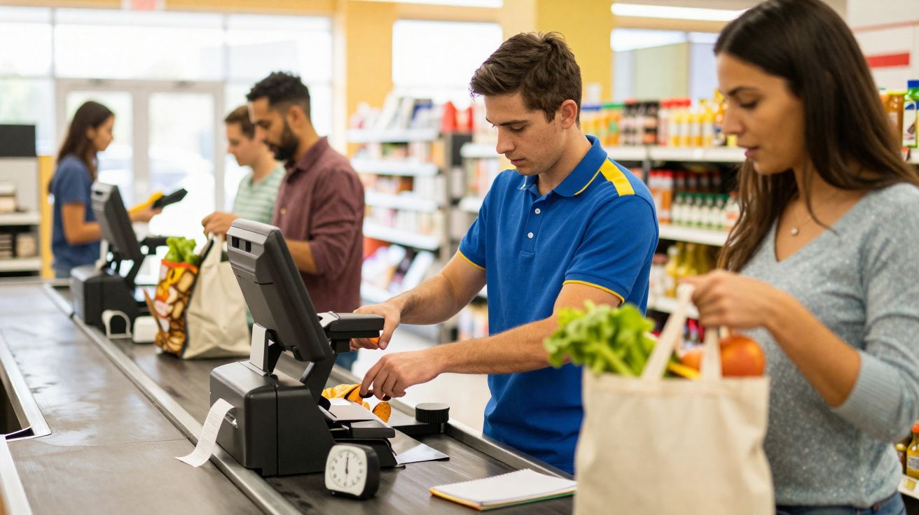 Funcionário de supermercado a atender clientes na caixa com compras embaladas em sacos reutilizáveis.