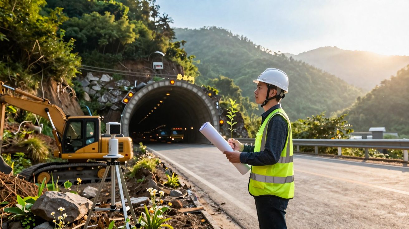 Engenheiro com capacete e colete reflector analisa planta e muda junto a túnel rodoviário em zona montanhosa.