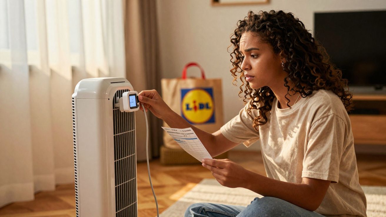 Mulher sentada no chão ajusta termóstato de aquecedor enquanto lê documento numa sala com luz natural.