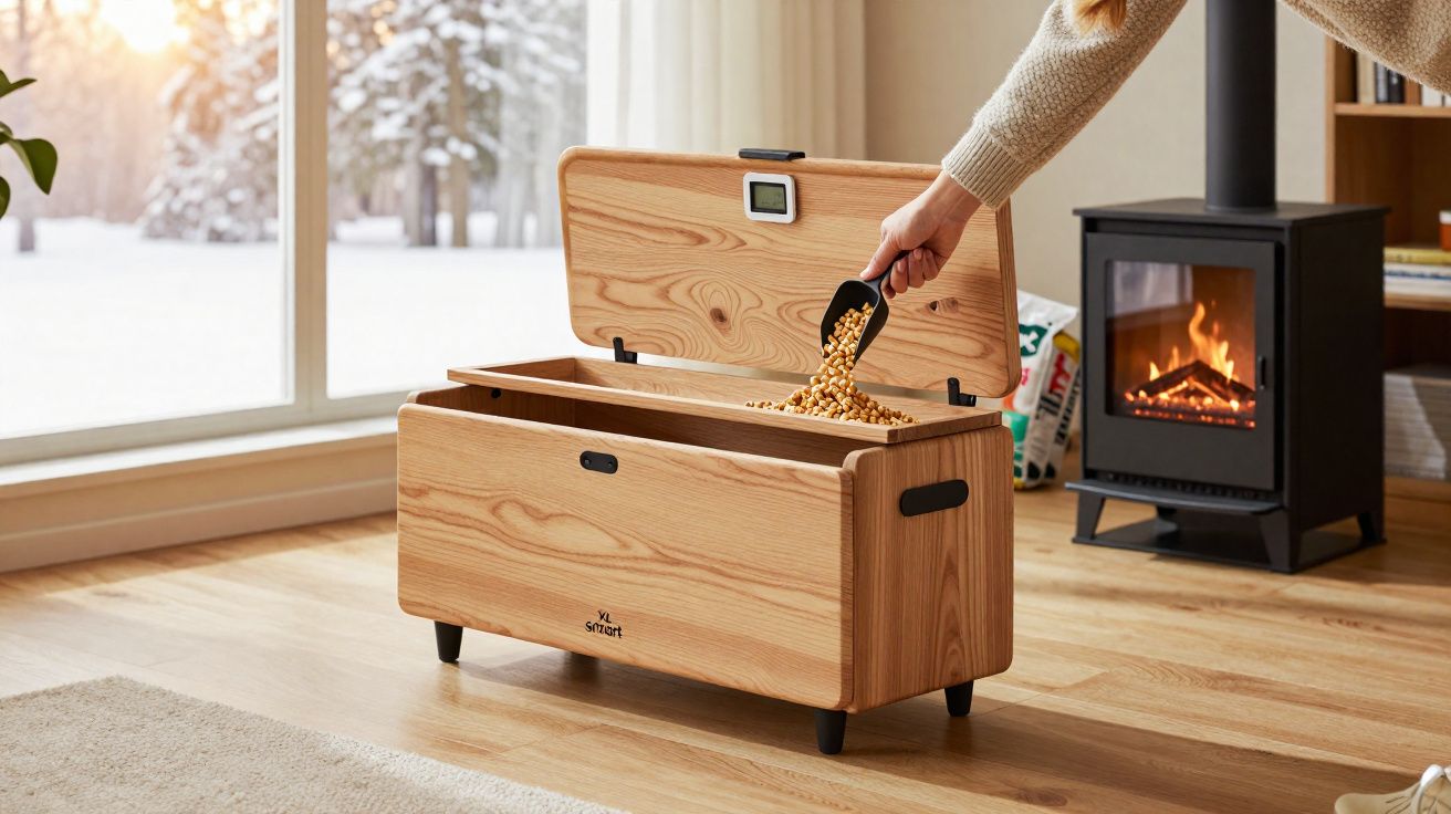 Pé de mobiliário em madeira aberto com feijão a ser despejado, com lareira acesa e janela com vista de neve.