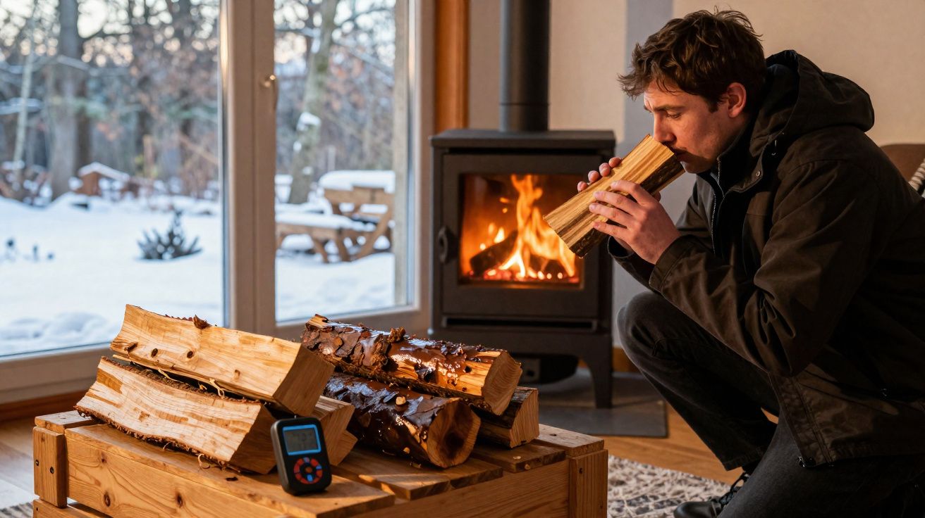 Homem perto de lareira acesa aquece as mãos com tronco de madeira dentro de casa, com neve do lado de fora.