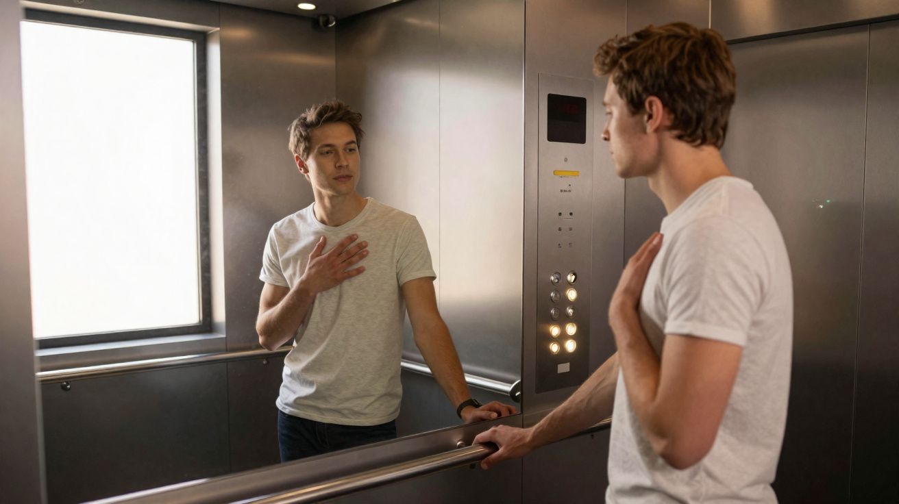 Homem jovem de pé num elevador olhando para o seu reflexo no espelho, mão no peito.