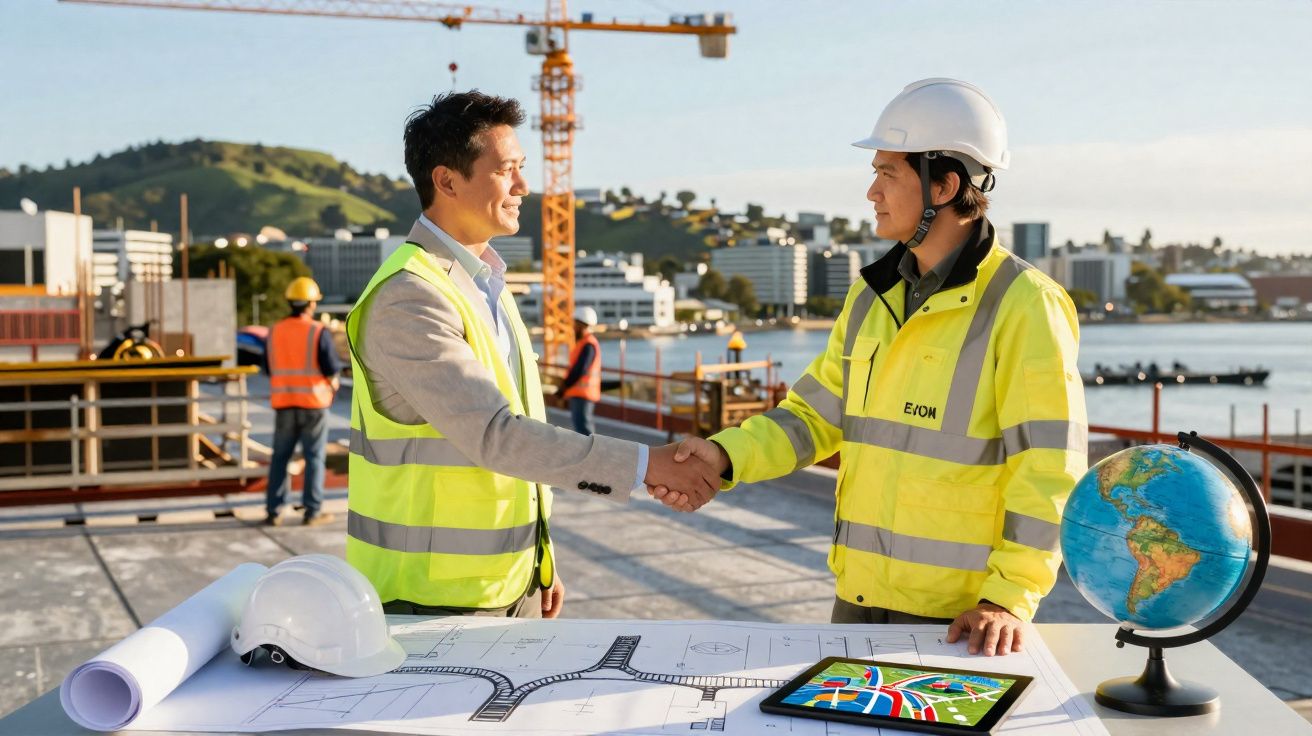 Dois engenheiros a cumprimentar-se numa obra com plantas, tablet e globo sobre a mesa.