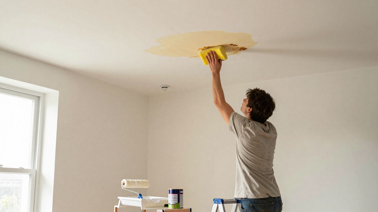 Homem a limpar mancha de água no teto com uma esponja amarela, numa divisão branca e luminosa.