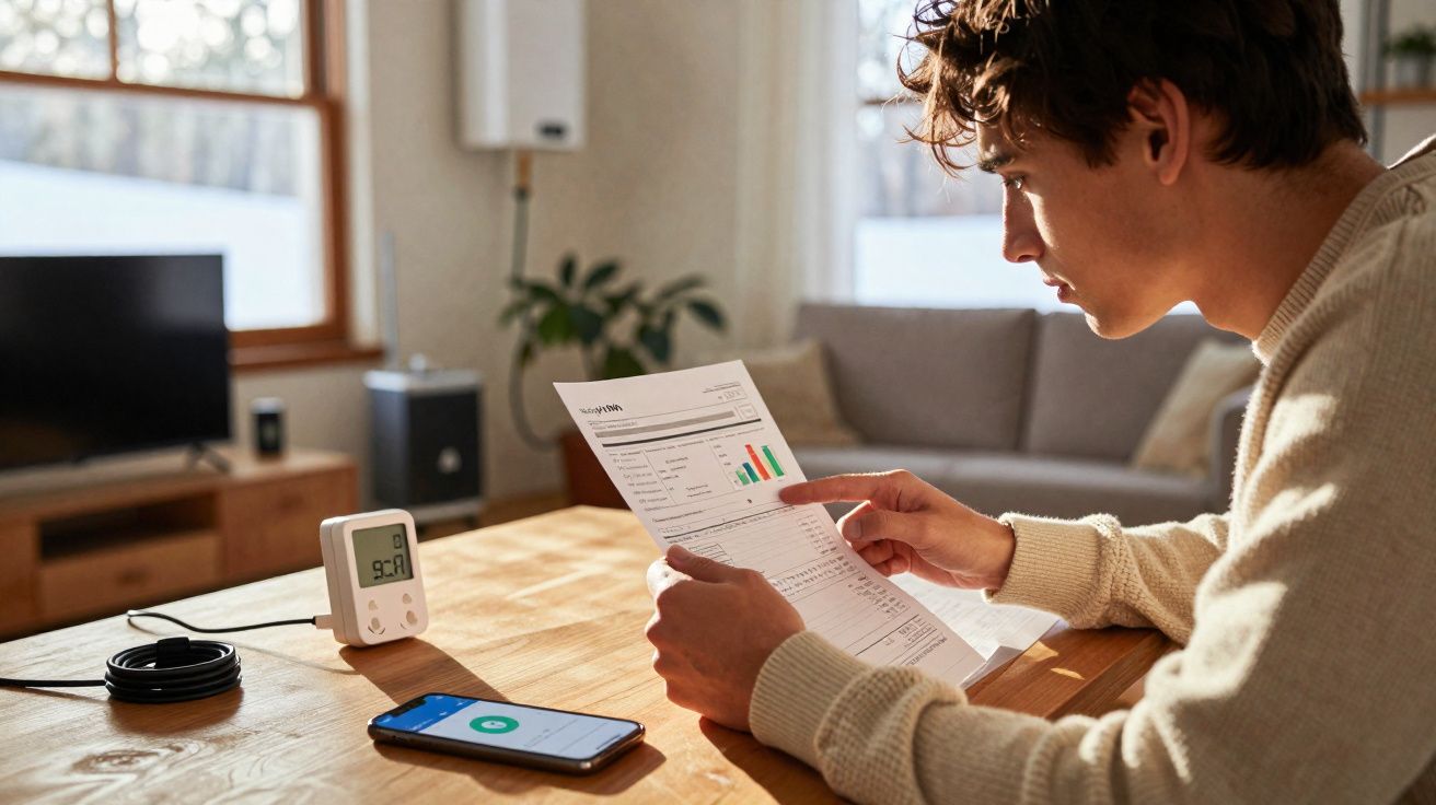 Homem sentado a ler uma fatura numa mesa de madeira numa sala iluminada durante o dia.