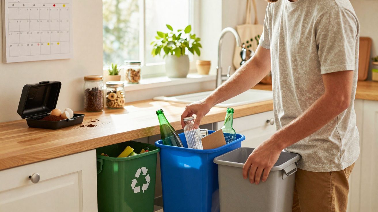Pessoa a separar reciclagem doméstica em casa, colocando vidro em ecoponto azul na cozinha iluminada.
