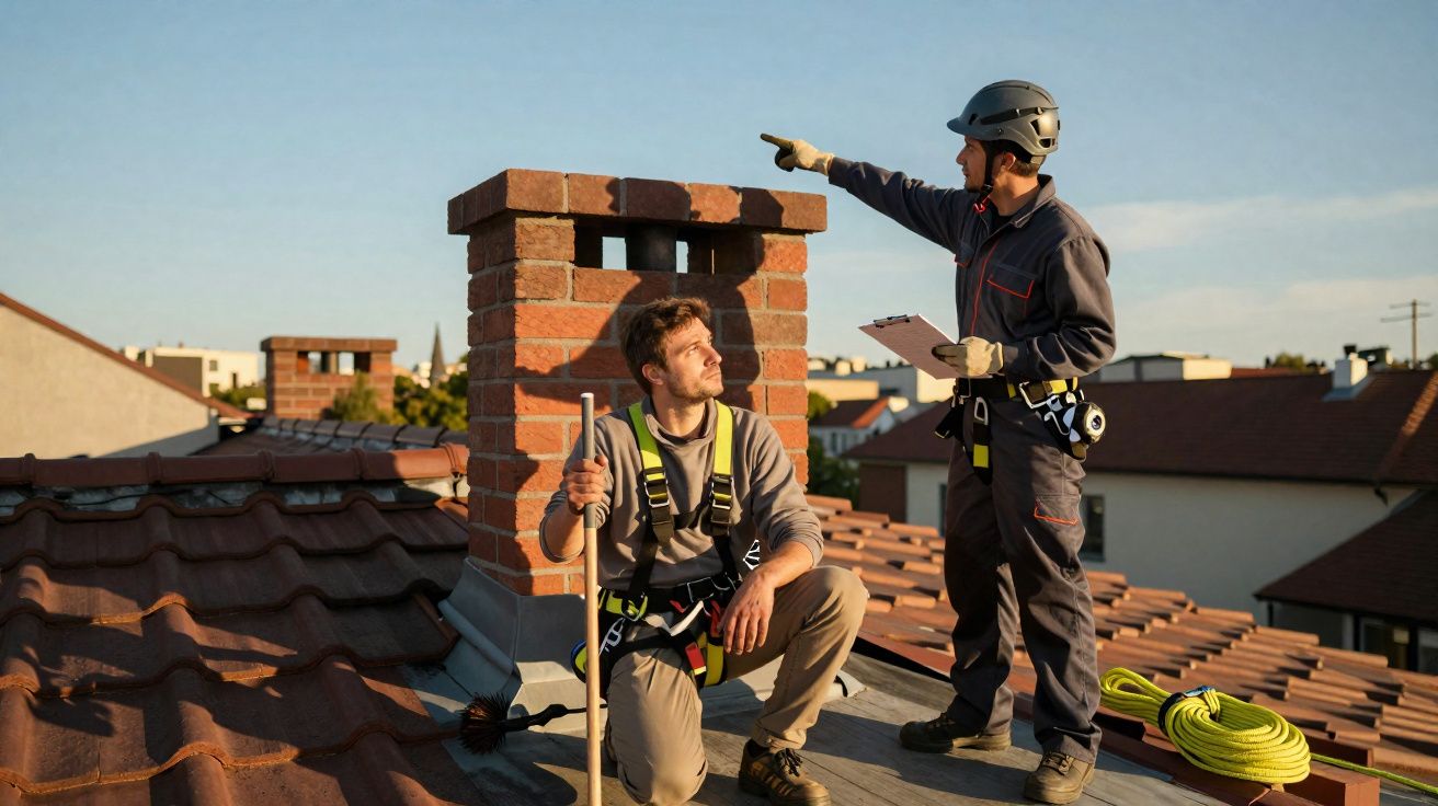 Dois trabalhadores com equipamento de segurança inspecionam a chaminé de uma casa durante o dia.