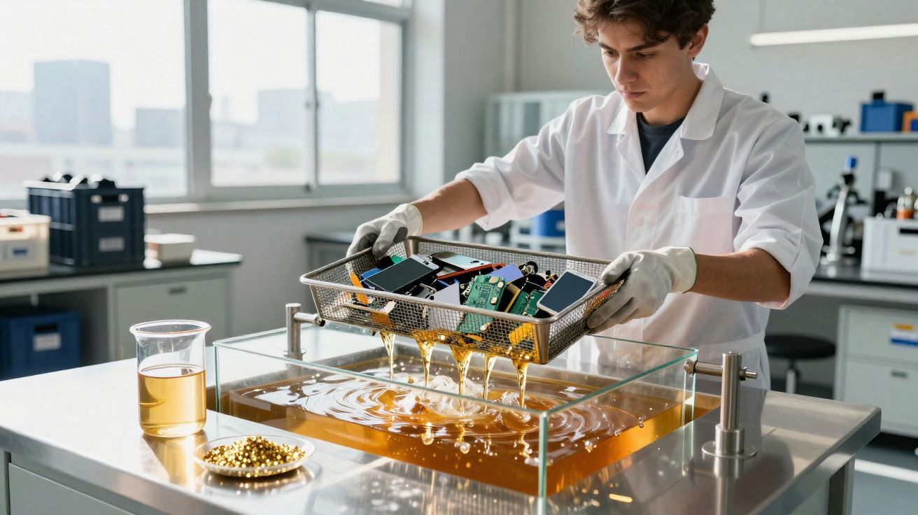 Cientista em laboratório a mergulhar componentes eletrónicos num líquido dourado para teste ou limpeza.