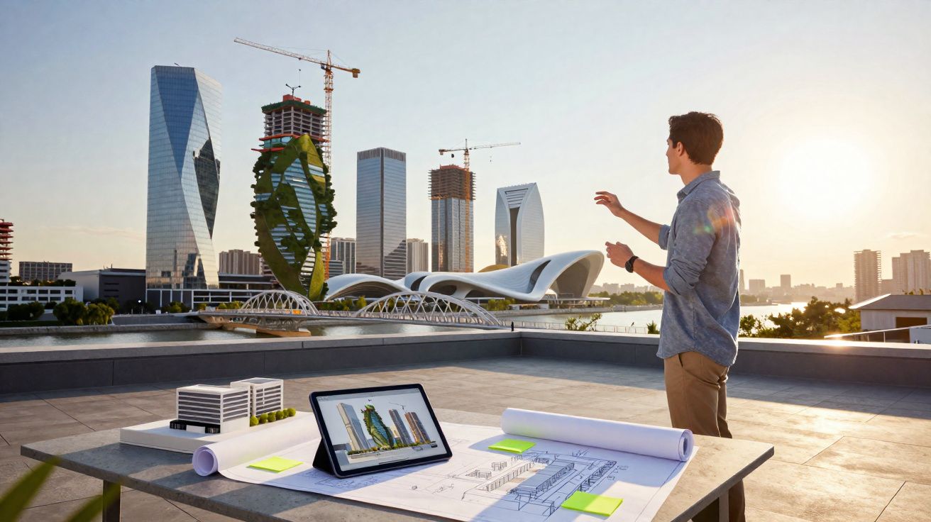 Arquitecto avalia maquete digital e planta de edifício verde futurista numa cobertura urbana ao pôr do sol.