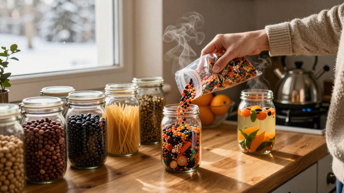 Mão a colocar grãos coloridos num frasco na bancada da cozinha com outros frascos de vidro e infusão.