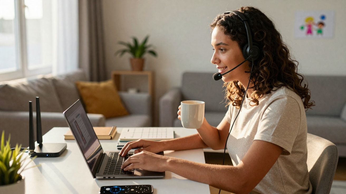 Jovem mulher com headset a trabalhar no portátil enquanto segura uma chávena numa sala iluminada.
