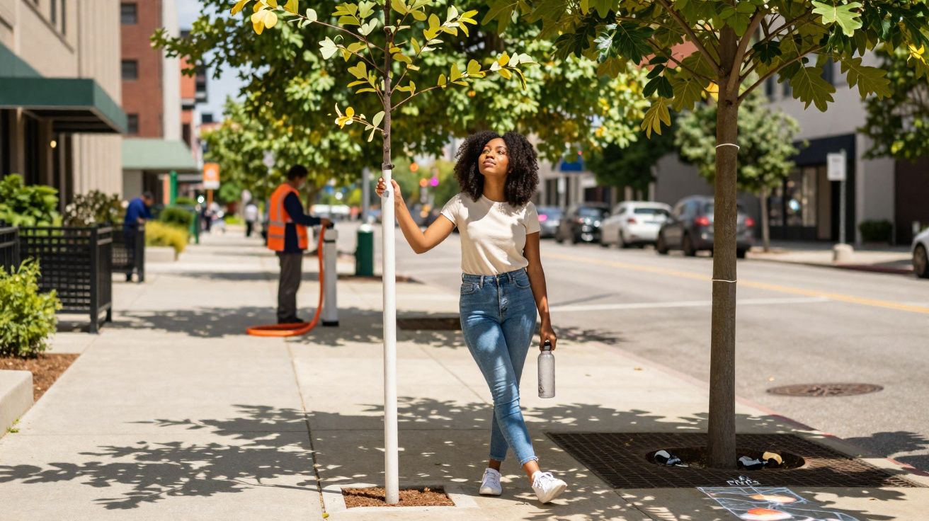 Mulher encostada a árvore numa calçada urbana, segurando garrafa e olhando para cima.