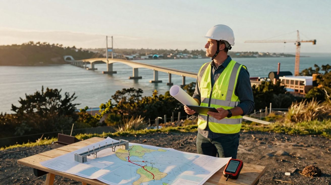 Engenheiro com capacete e colete reflector a analisar projeto junto a ponte sobre rio ao pôr do sol.