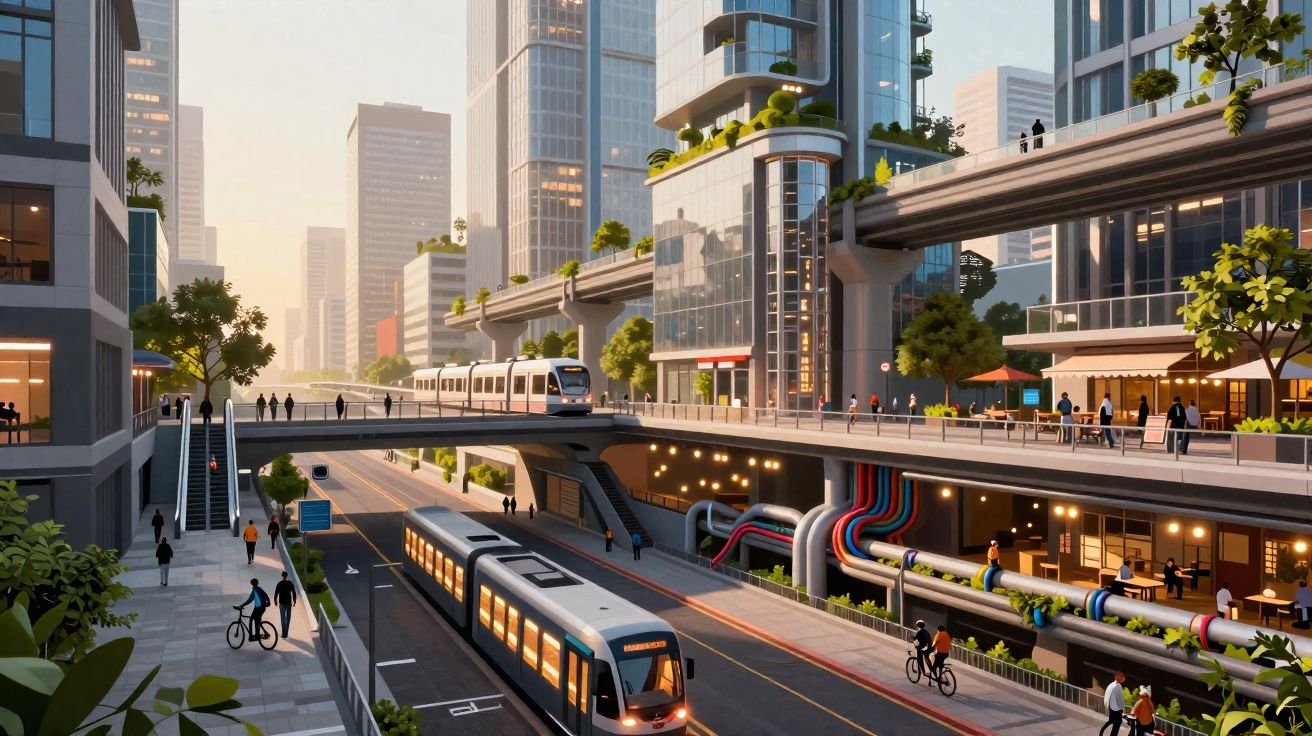 Cidade futurista com comboios modernos, ciclistas, pedestres, e edifícios altos com áreas verdes integradas.