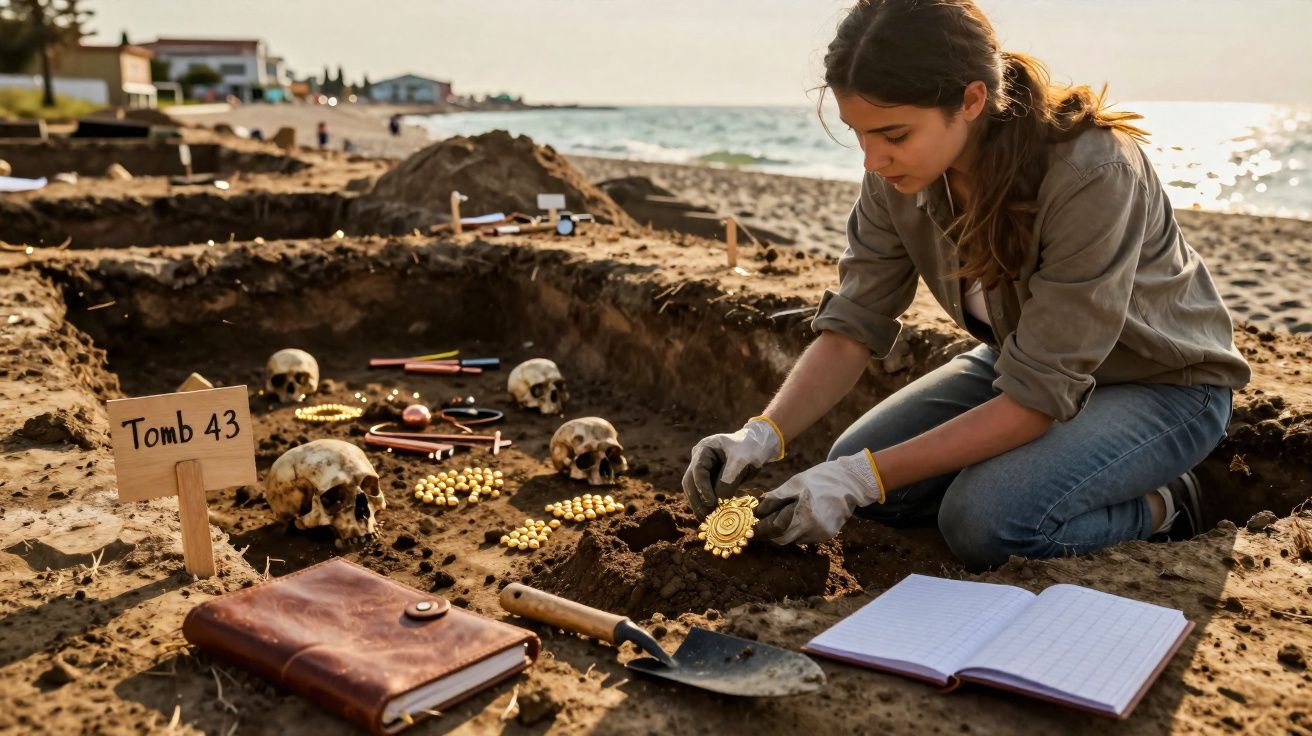 Mulher arqueóloga a examinar artefato dourado numa escavação próxima da praia com esqueletos e ferramentas à volta.
