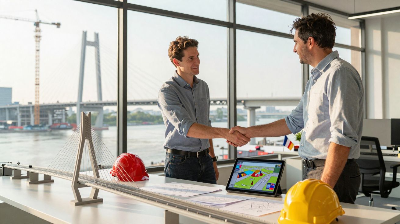 Dois engenheiros a cumprimentar-se num escritório com maquetes de ponte e capacetes de segurança.