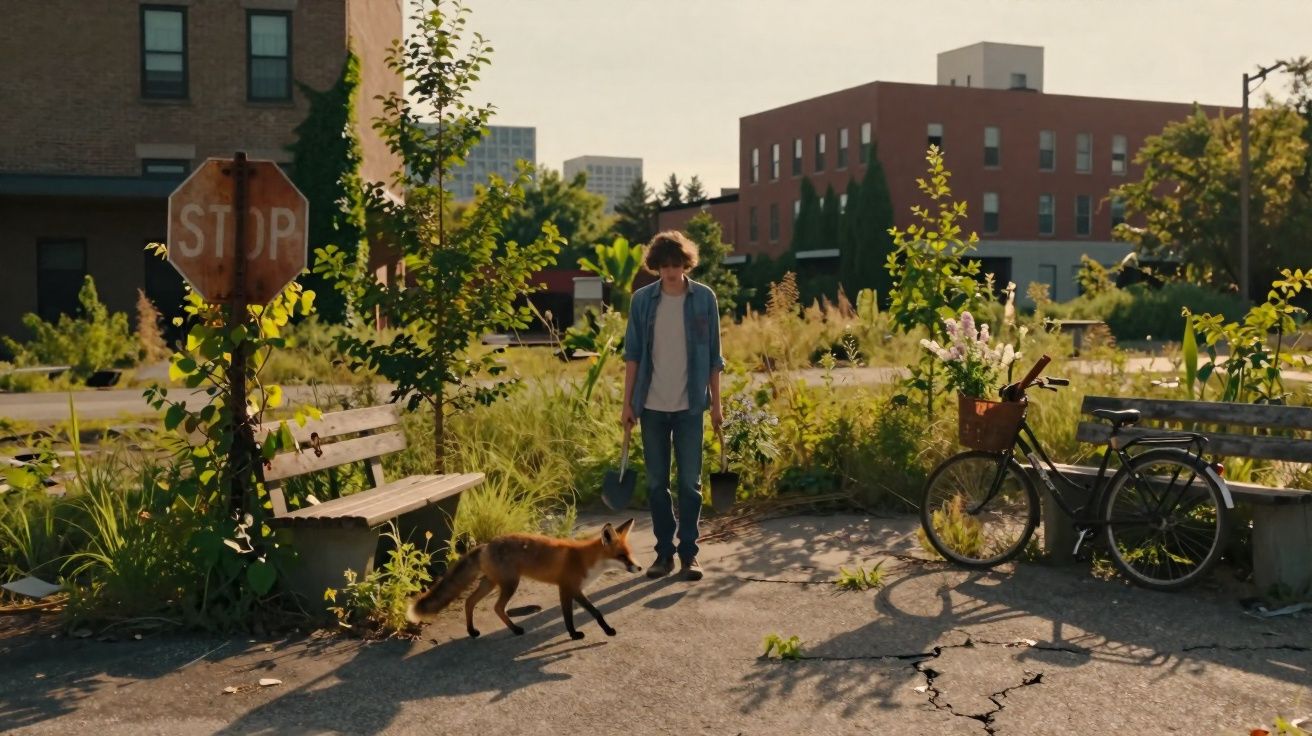 Rapaz caminha com raposa numa área urbana com bancos, bicicleta e plantas ao pôr do sol.