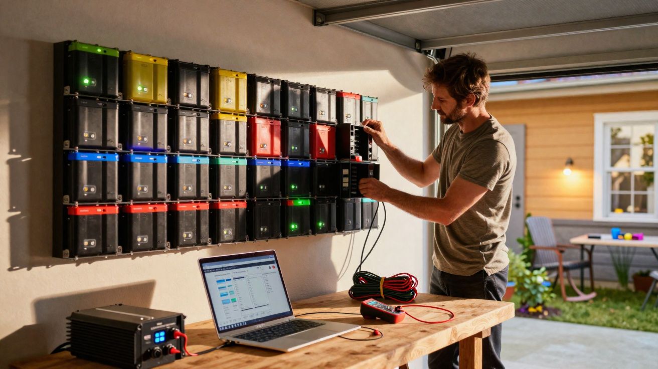 Homem a ajustar sistema de baterias coloridas conectado a portátil numa garagem iluminada.