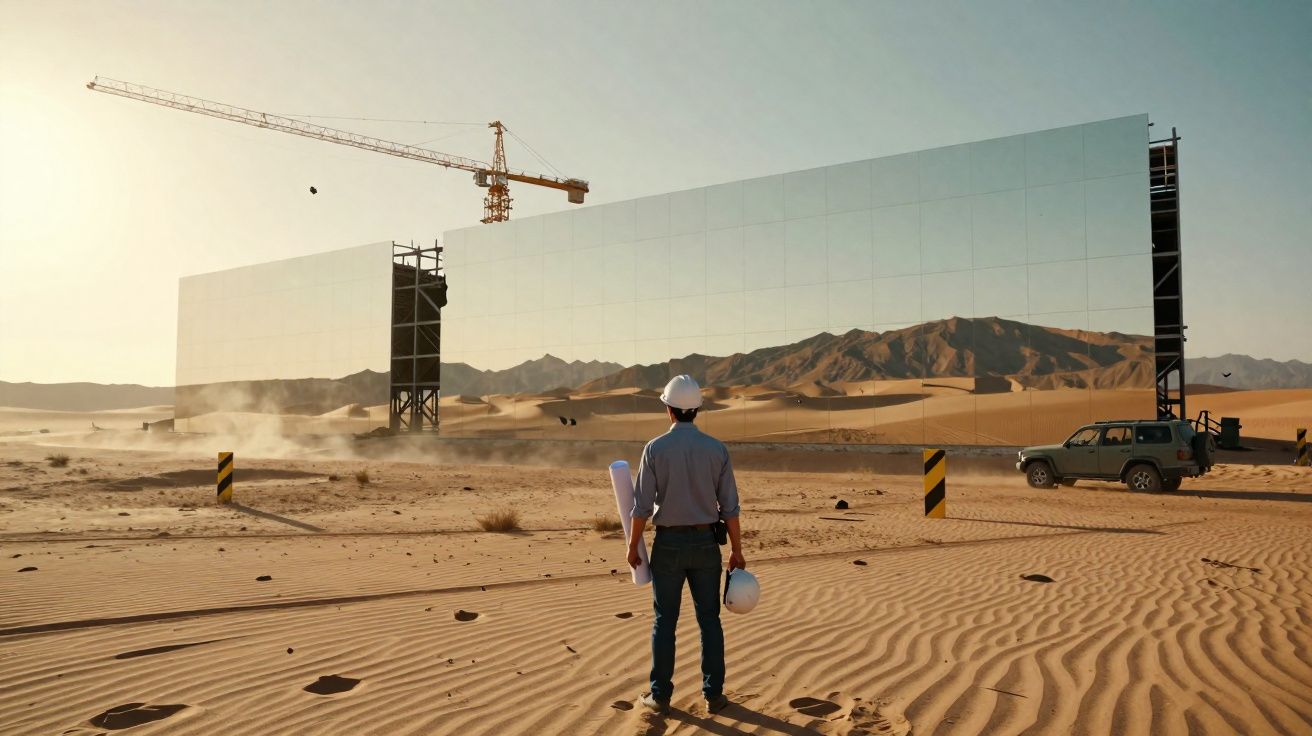 Engenheiro com capacete e planta observa grande parede espelhada no deserto com grua e jeep ao lado.
