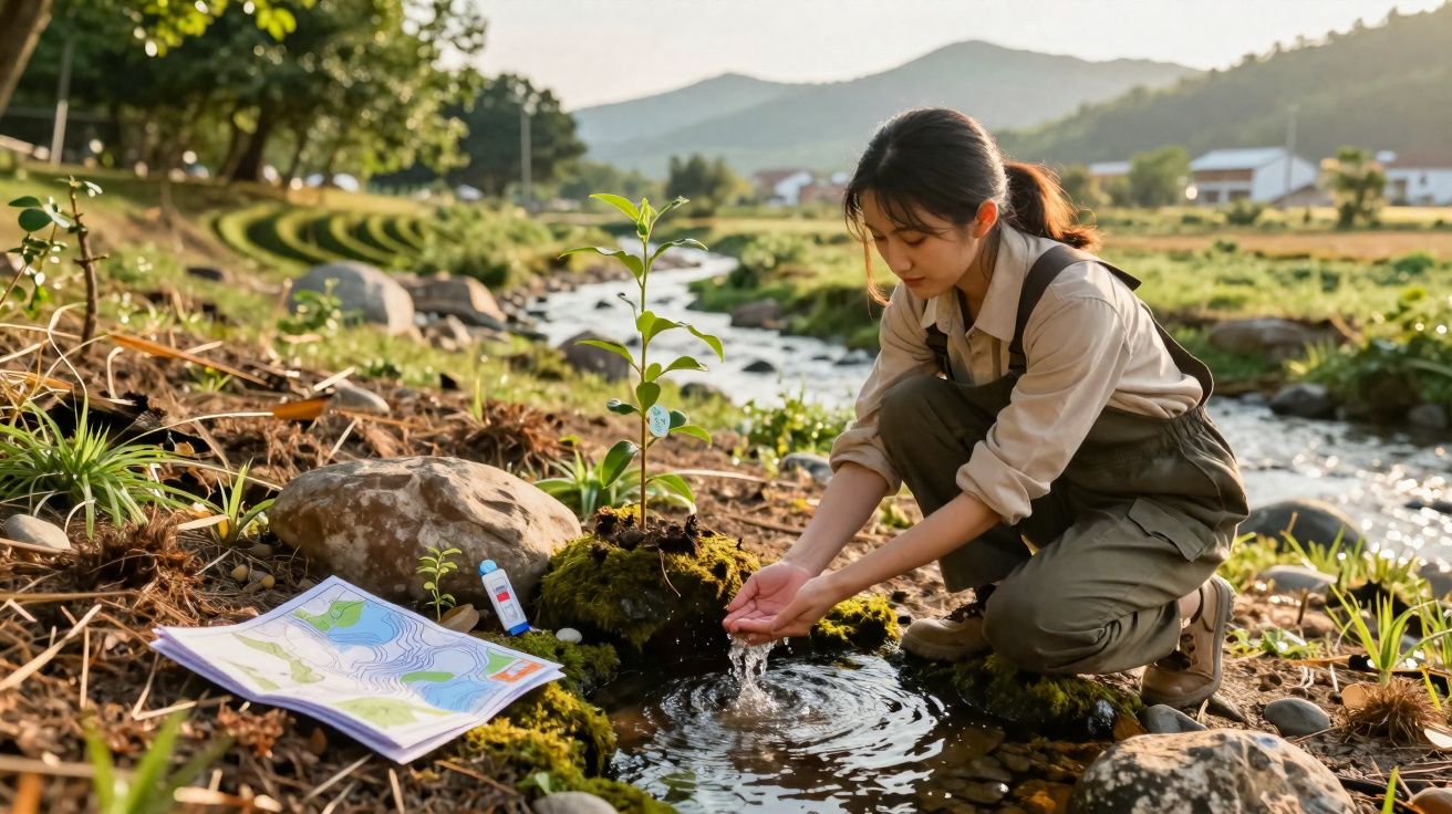 Jovem junto a um rio limpa as mãos na água, ao lado de planta, mapas e ambiente natural montanhoso.