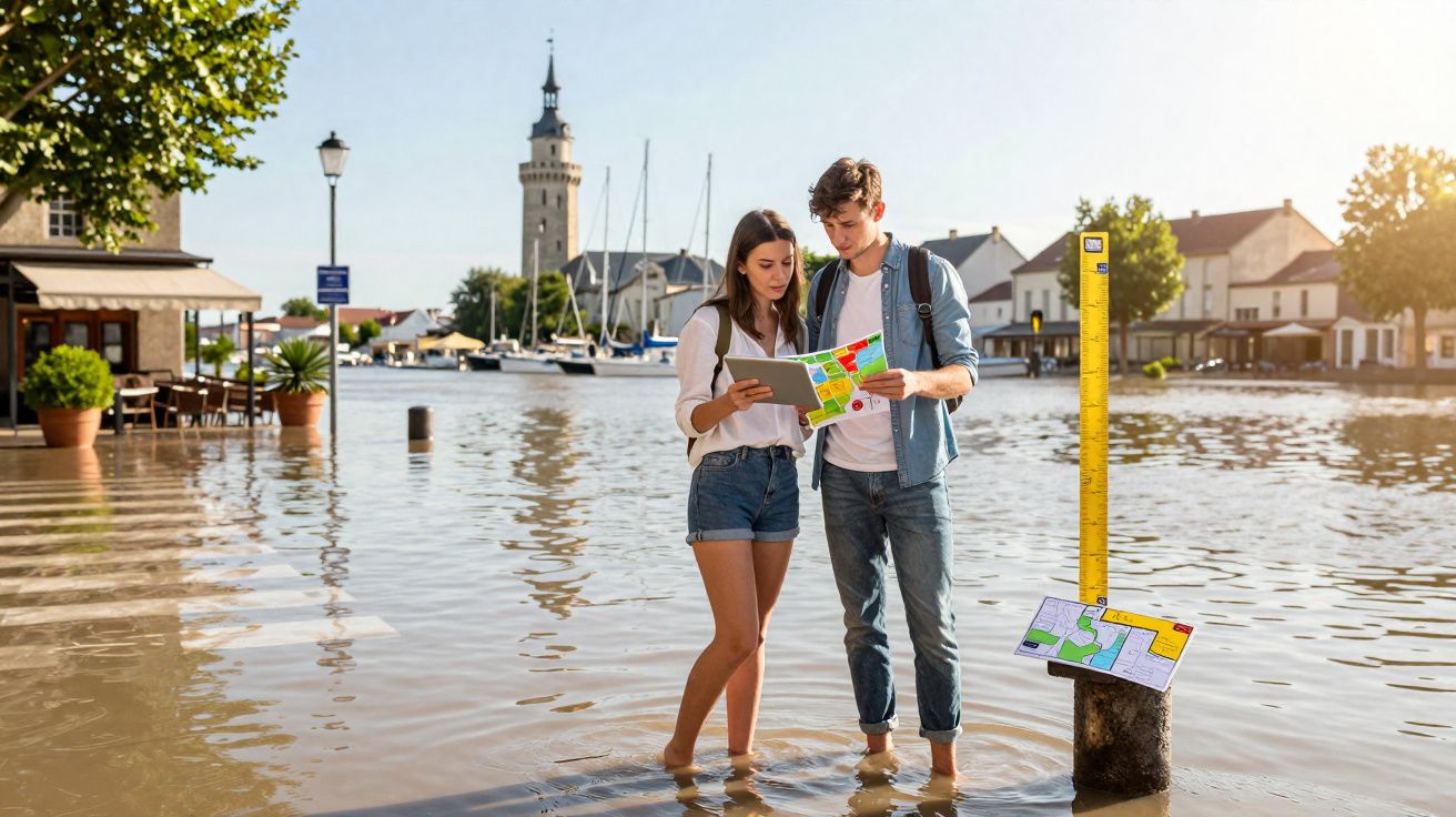Jovem casal de pé em água inundando uma rua de cidade com mapas, ao fundo barcos e torre histórica.