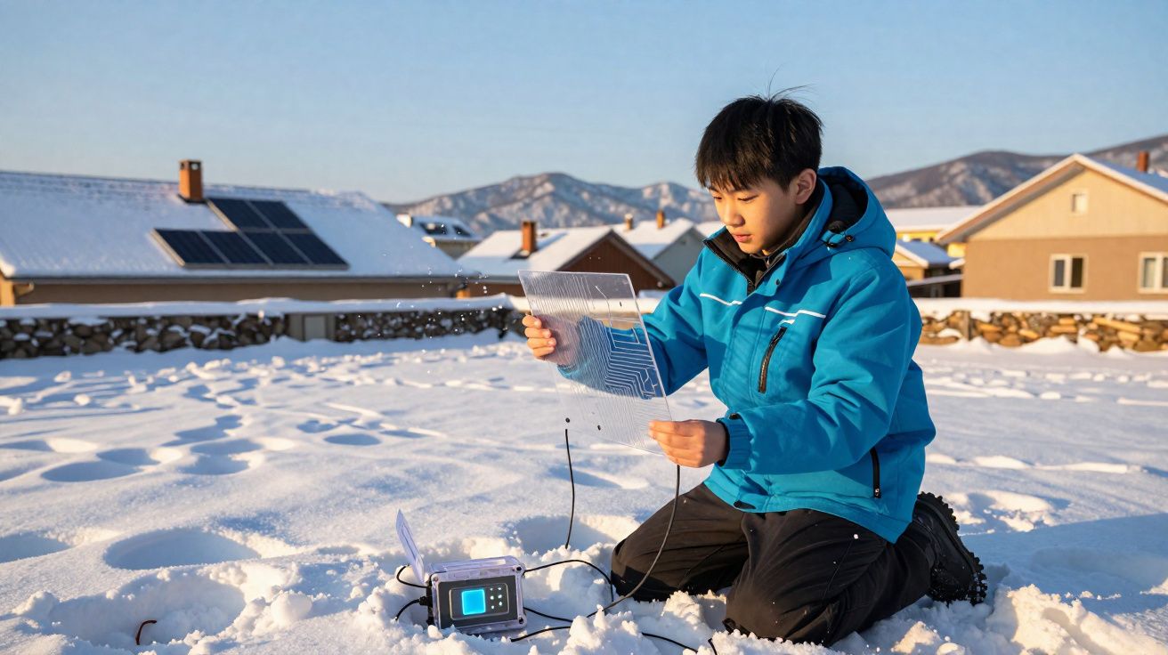 Criança com casaco azul usa equipamento tecnológico na neve, com casas e montanhas ao fundo.