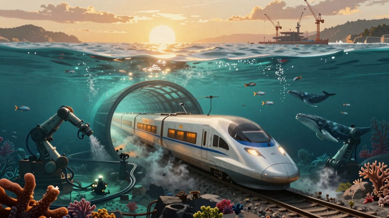 Comboio de alta velocidade a sair de um túnel subaquático com robôs e vida marinha à volta ao pôr do sol.