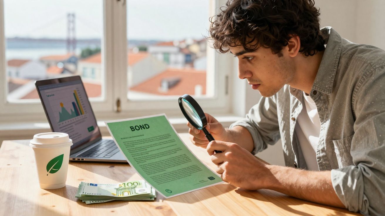Jovem analisa documento financeiro com lupa, ao lado de computador com gráficos e dinheiro em cima da mesa.