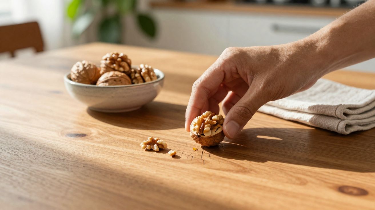 Mão a segurar noz partida com caroço exposto sobre mesa de madeira junto a tigela com mais nozes.