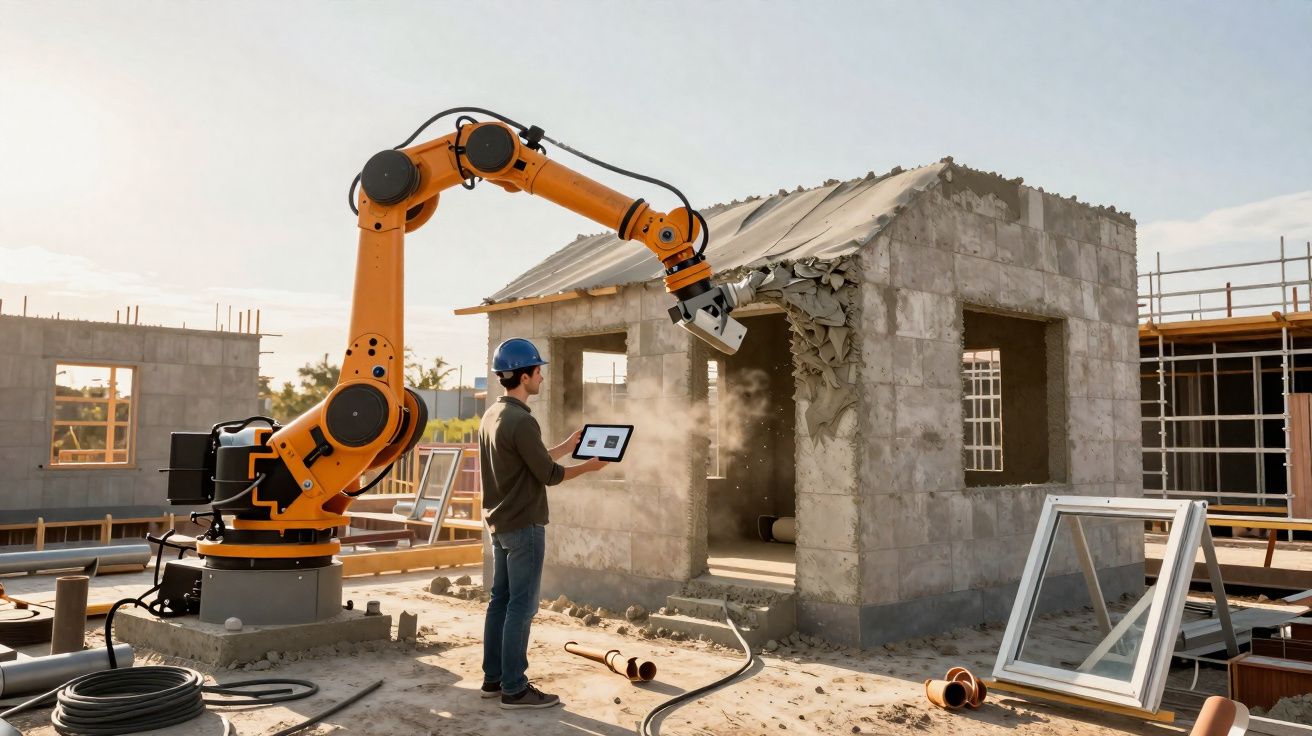 Homem com capacete a controlar braço robótico que demole parte de uma casa em construção.