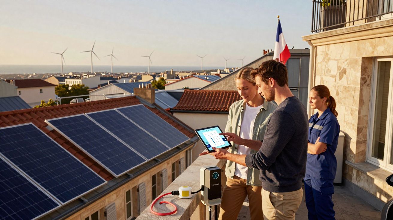 Duas pessoas consultam tablet junto a painel solar e posto de carregamento elétrico numa varanda, com turbinas eólicas ao fun