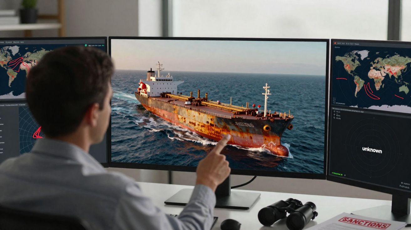 Pessoa a monitorizar um navio enferrujado via imagens em ecrã com mapas e dados de localização marítima.