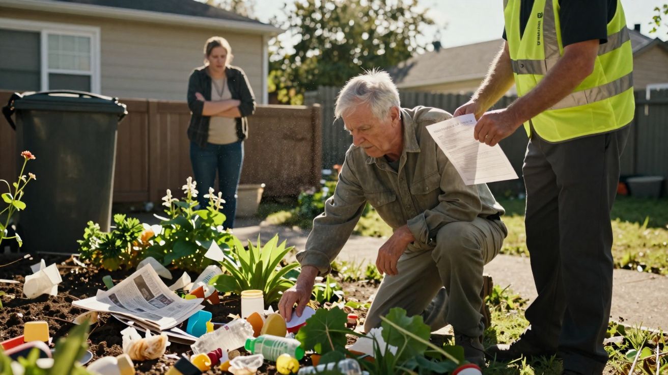 Homem idoso examina lixo no jardim enquanto outro com colete reflete sobre a situação, mulher observa ao fundo.
