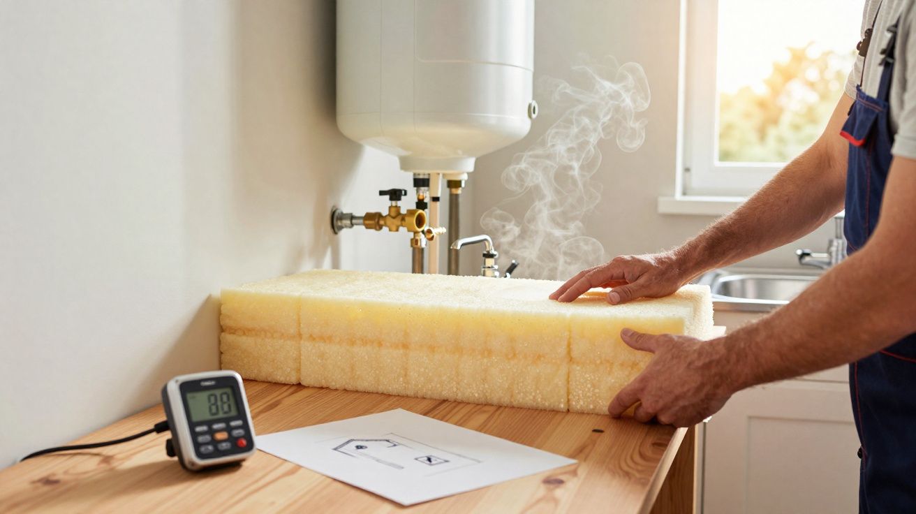 Pessoa a testar equipamento com vapor num ambiente doméstico perto de um aquecedor de água.