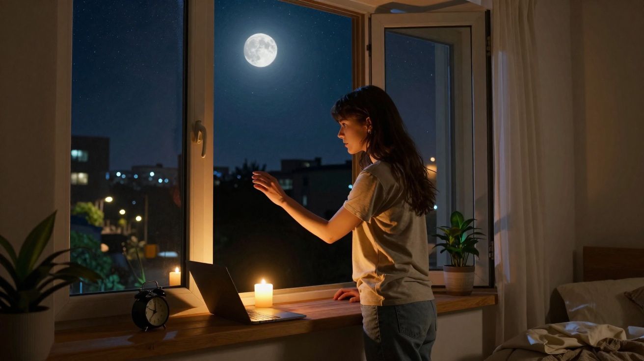 Mulher em pé junto a uma janela aberta à noite, com lua cheia visível no céu e vela acesa no peitoril.
