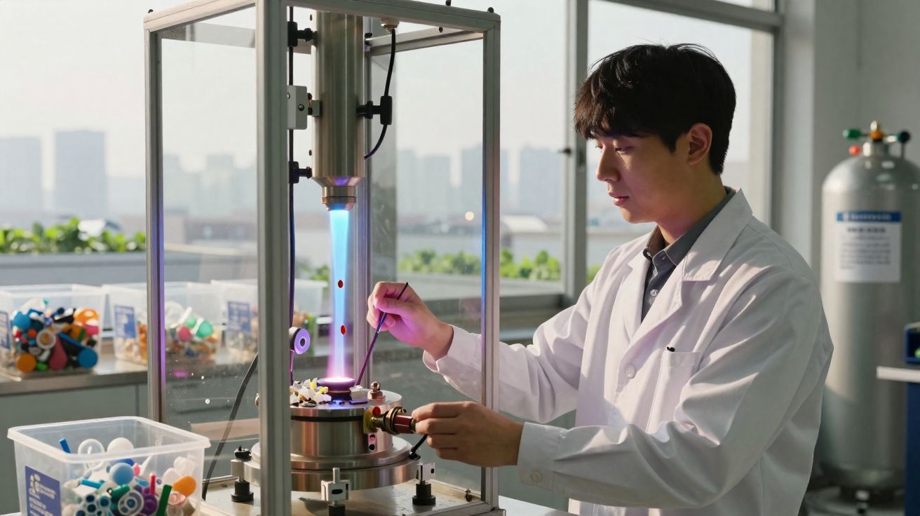 Homem de bata branca a operar equipamento científico com chama azul num laboratório moderno.